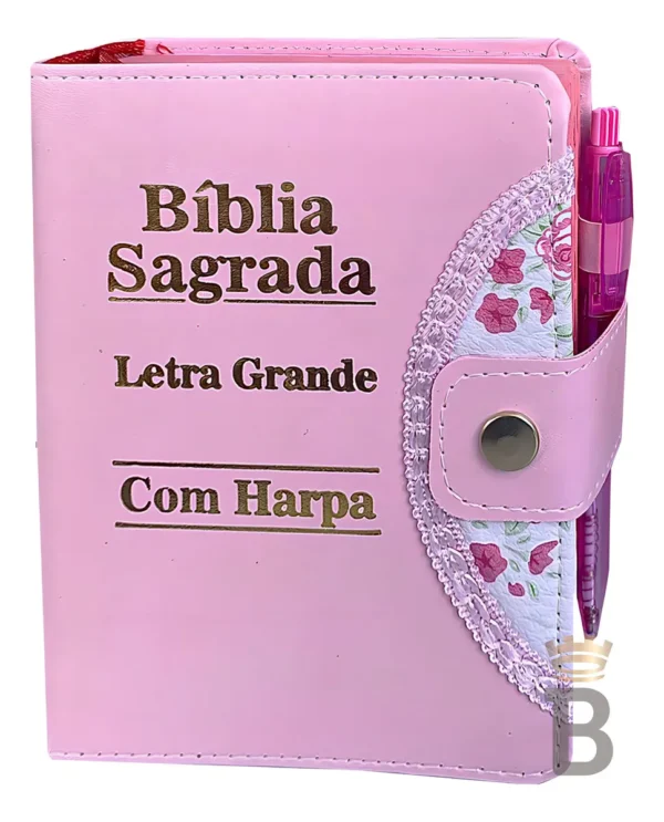 Bíblia Sagrada Feminina Letra Grande Botão Rosa Com Harpa Rei Das Bíblias